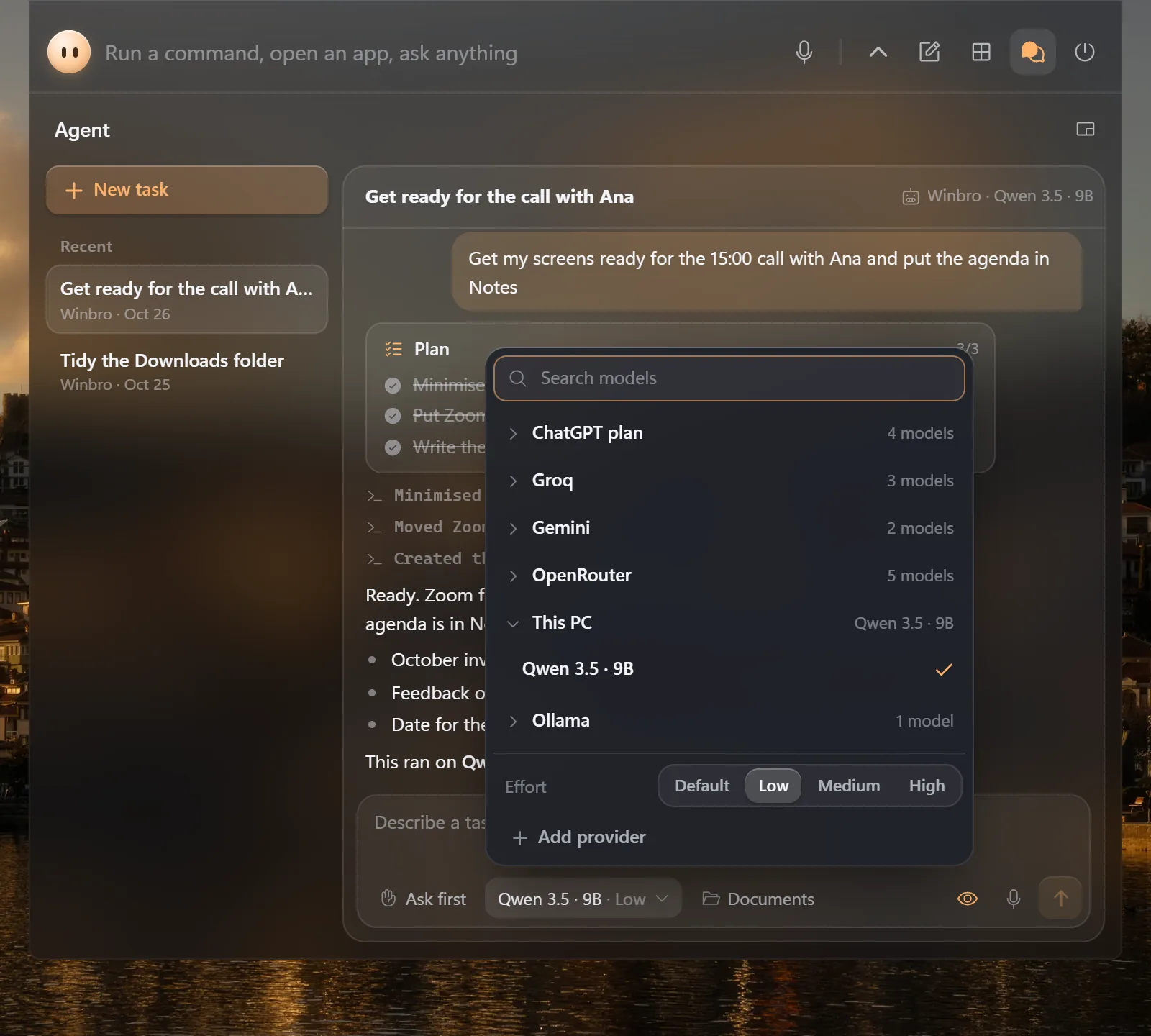 The agent's model list open over a chat: ChatGPT plan, Groq, Gemini and OpenRouter, Qwen 3.5 9B on this PC picked, Ollama, an effort setting and Add provider.