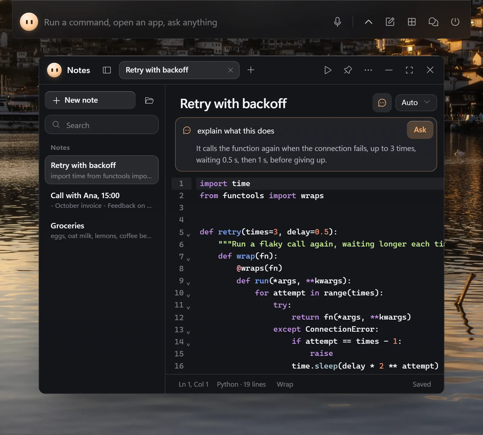 The Notes window with a Python note, highlighted, and Ask AI's answer explaining what the code does, beside a list of notes.