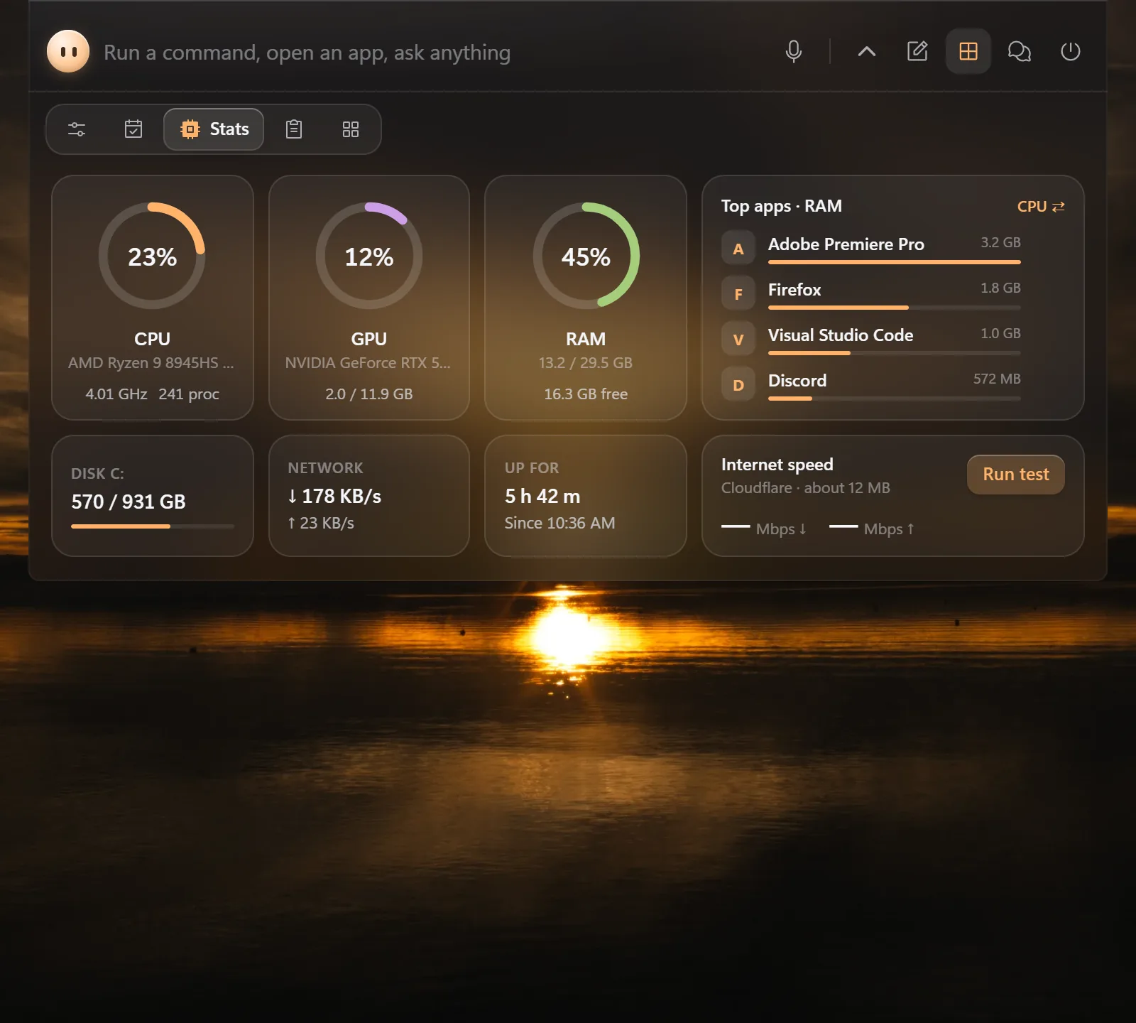The Stats panel: CPU, GPU and RAM gauges, disk, network and uptime, the apps using the most memory, and an internet speed test.