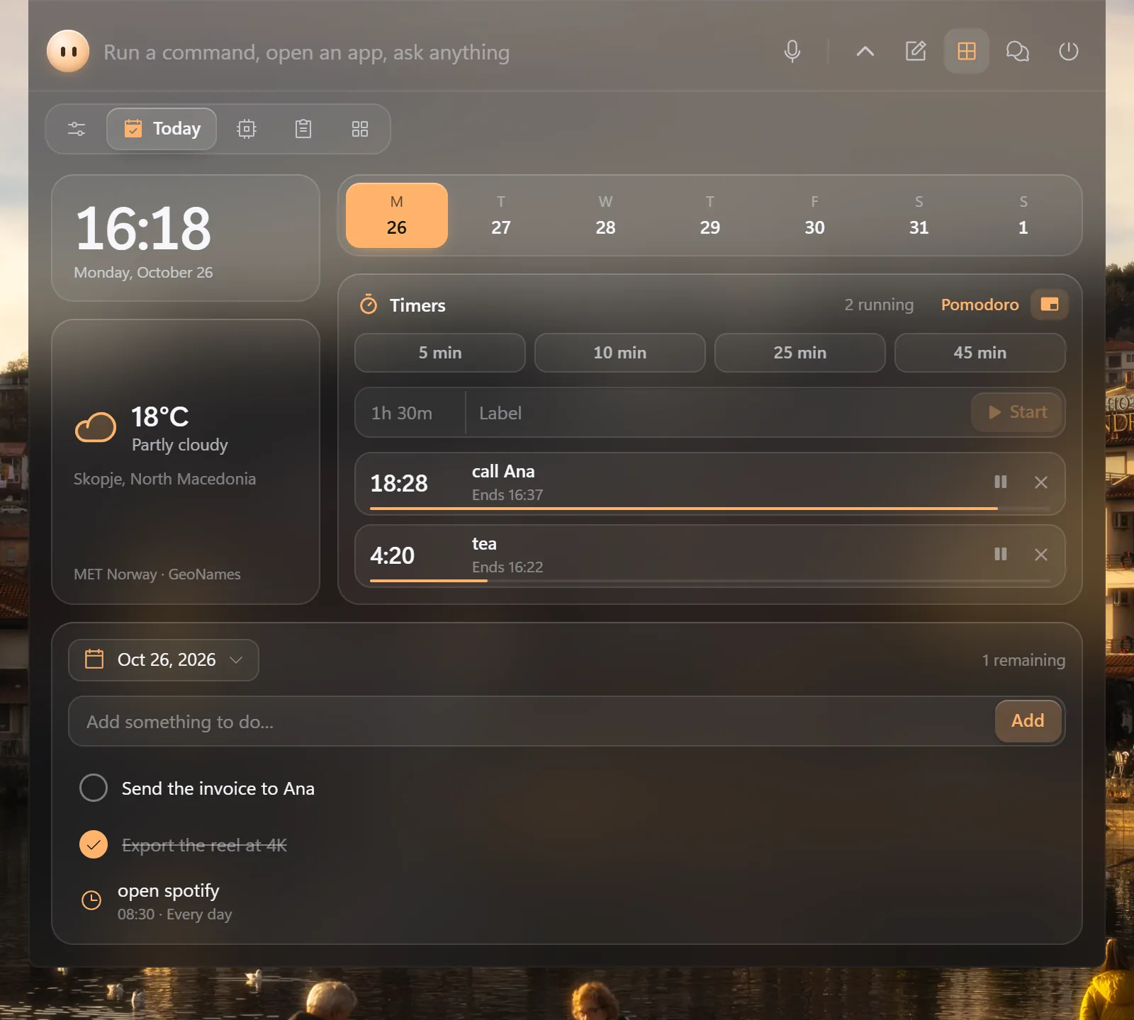 The Today panel: the time, this week, the weather, two timers running (call Ana and tea) with presets and Pomodoro, and a to-do list with a daily scheduled command.